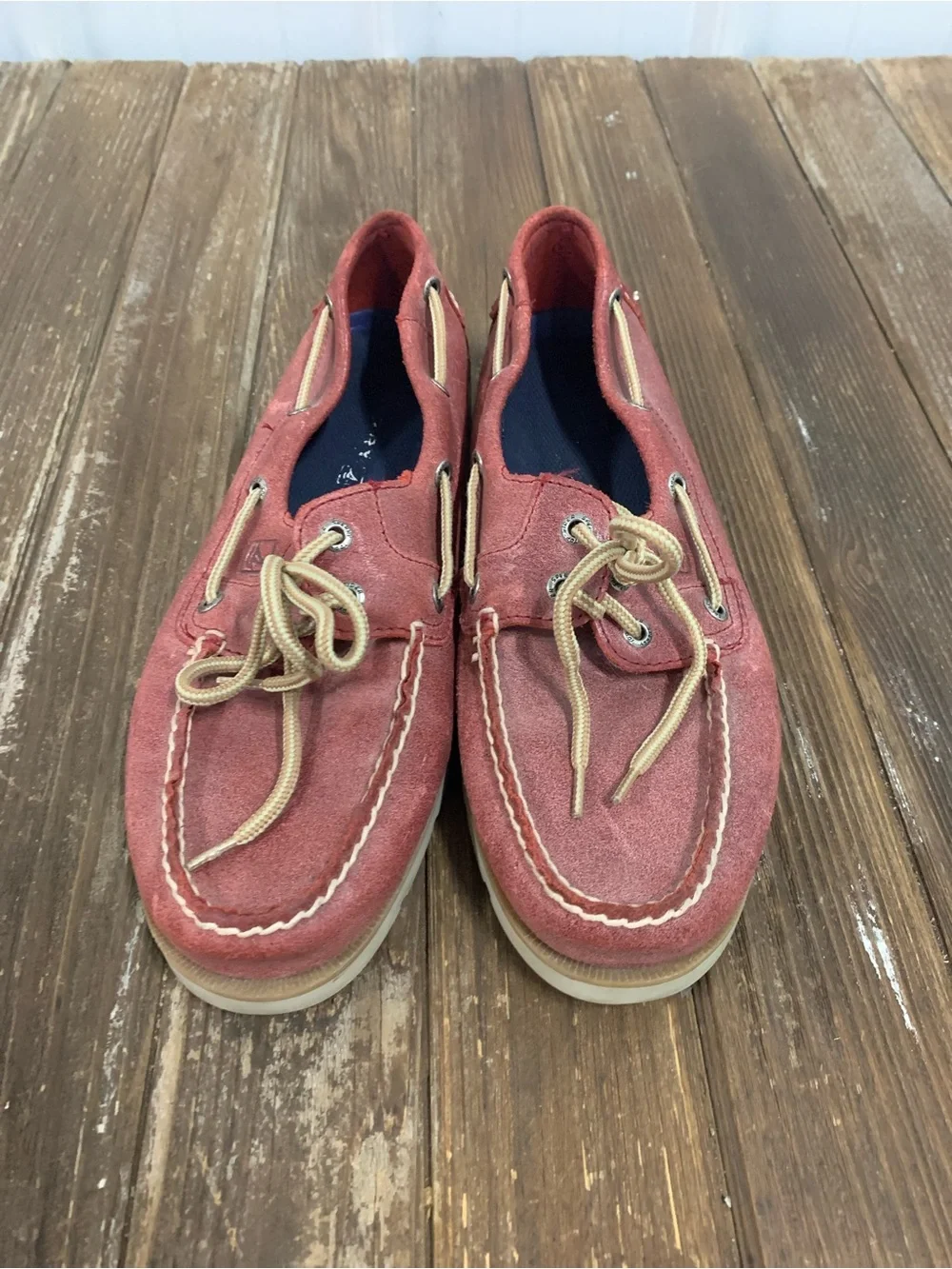 Sperry Distressed Red Leather Boat Shoes with Tan Laces